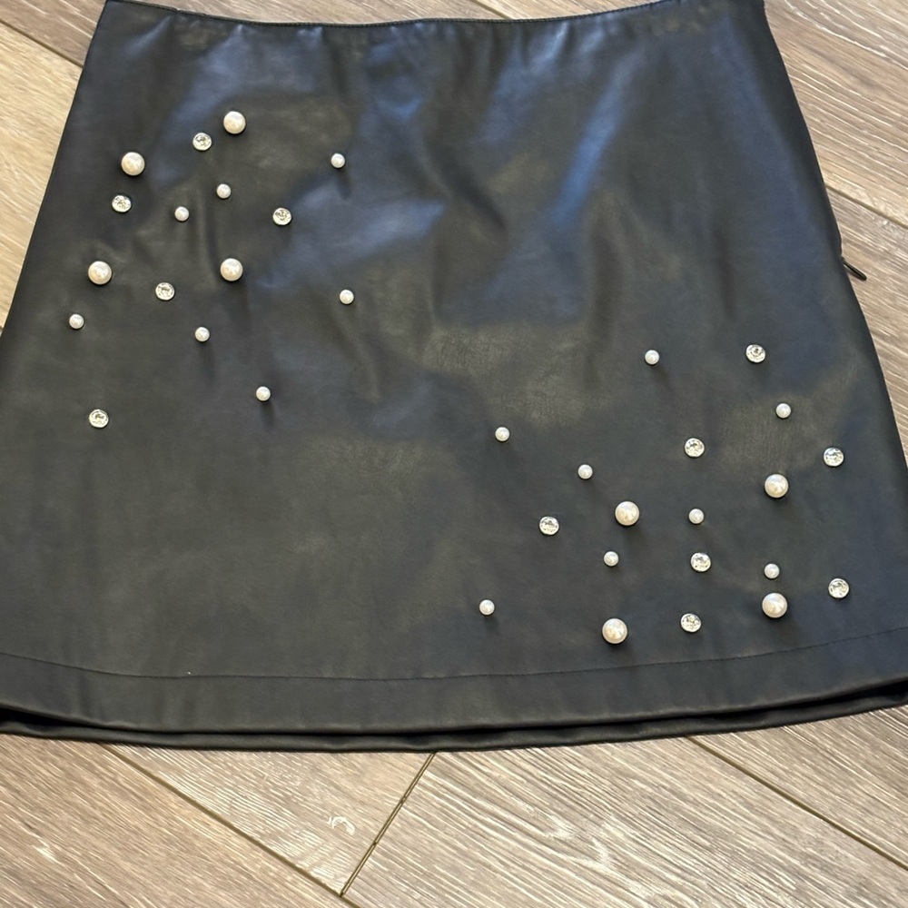 Blue Rain Black Mini Skirt with Pearl Accents